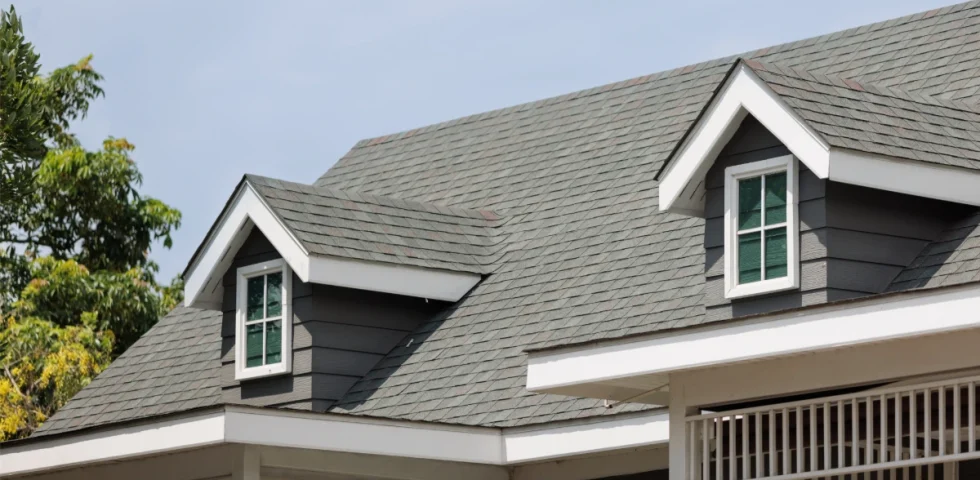 Architectural asphalt shingle roof with dormer windows on a home