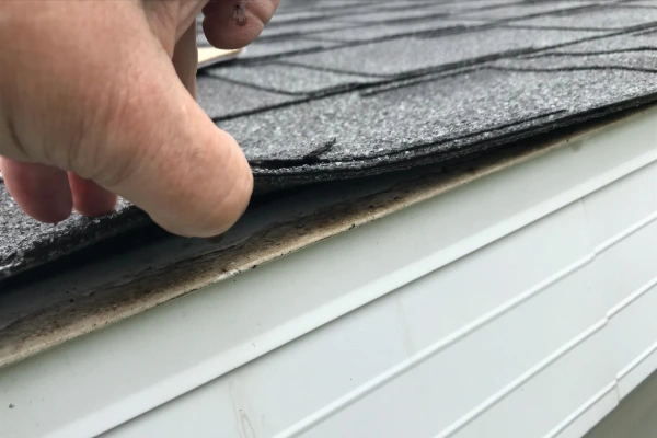 A hand lifting a curling, deteriorated asphalt shingle at the roof edge, showing signs of age and wear that a professional inspection would flag.