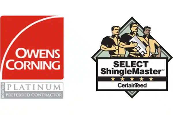Owens Corning Platinum Preferred Contractor and CertainTeed Select ShingleMaster certification badges for Mills Roofing