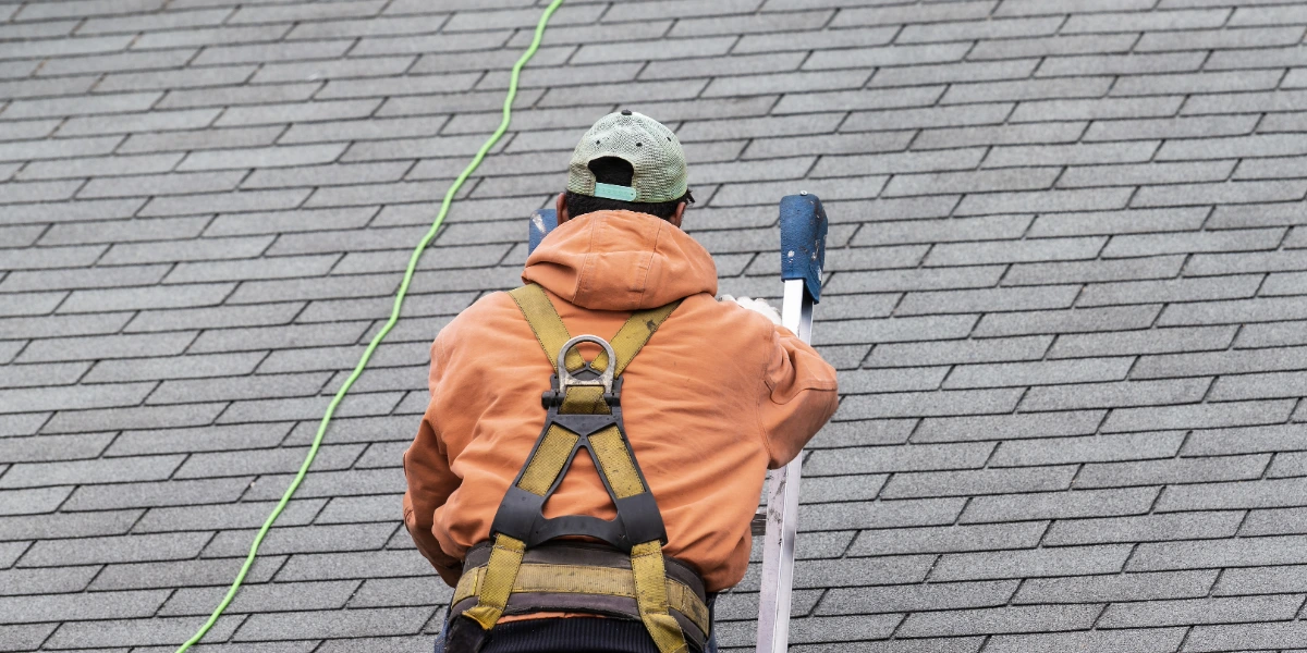 A roofing contractor in a safety harness climbs a ladder on an asphalt shingle roof during a professional inspection.