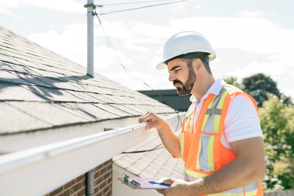Professional roofing contractor inspecting a residential roof and gutters during a roof inspection