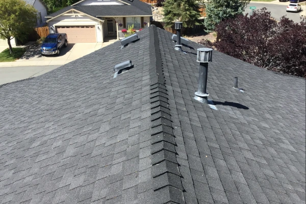 Aerial view of a well maintained asphalt shingle roof showing vents, ridge line, and flashing.